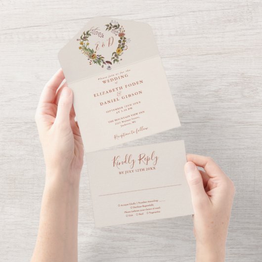 Herfst Herfst Rustieke Bloemen Hart Wedding All In One Uitnodiging (Afscheurbaar)