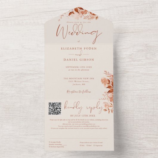 Herfst Herfst Rustieke Bloemen QR Code Bruiloft All In One Uitnodiging (Binnen)