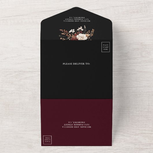 Herfst Herfst Rustieke Bourgondische Bloemen Zwart All In One Uitnodiging (Buitenkant)