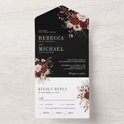 Herfst Herfst Rustieke Bourgondische Bloemen Zwart All In One Uitnodiging (Binnen)