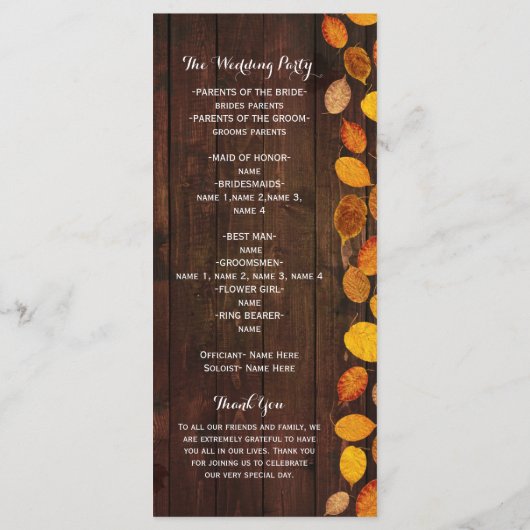 Herfst Herfst rustieke gouden bladeren bruiloft pr Programmakaart (Achterkant)