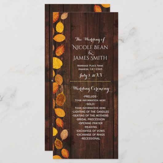 Herfst Herfst rustieke gouden bladeren bruiloft pr Programmakaart (Voorkant / Achterkant)