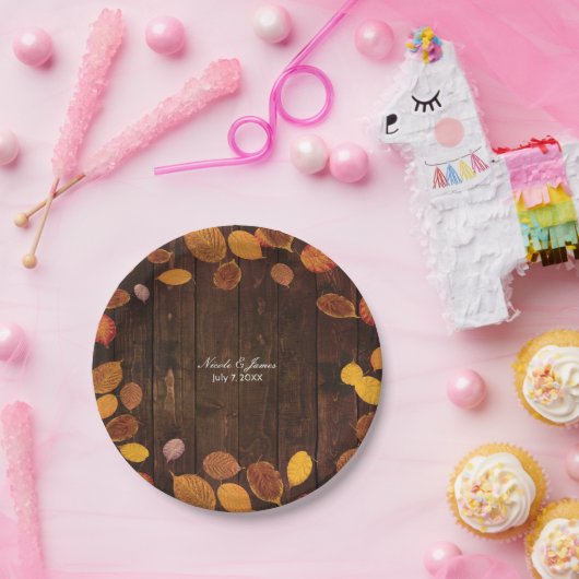 Herfst Herfst rustieke gouden bladeren op houten b Papieren Bordje (Feest)