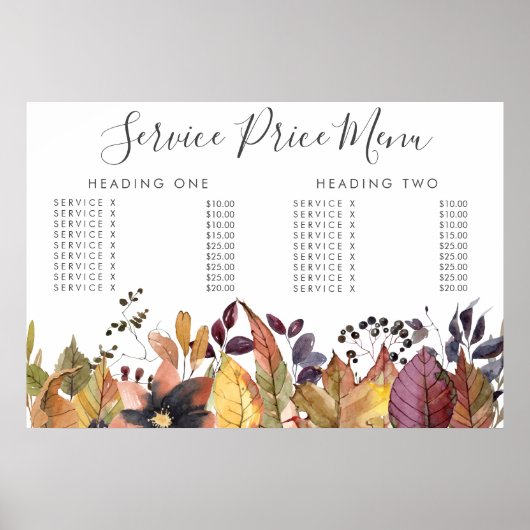 Herfst herfst service prijs menu op maat gedrukt poster (Voorkant)