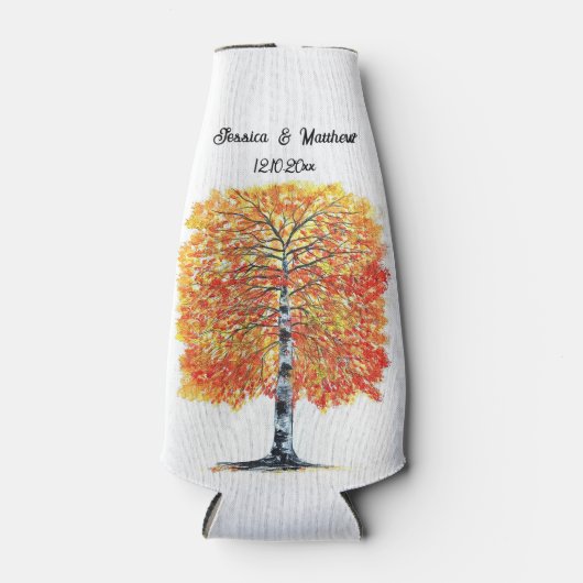 Herfst Herfst Sinaasappel Bladeren Berkenboom Huwe Flesjeskoeler (Voorkant)