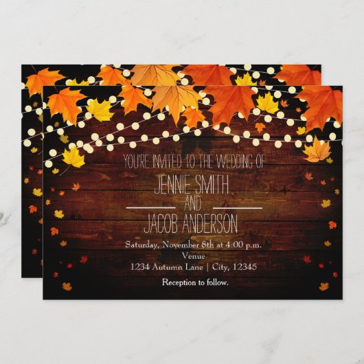 Herfst Herfst String Lights Hout Huwelijksuitnodig Kaart (Voorkant / Achterkant)