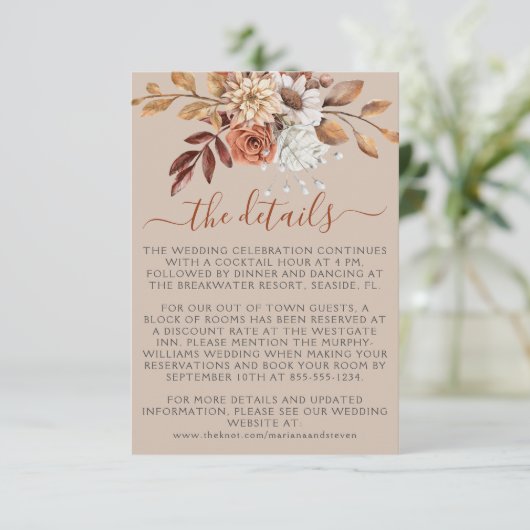 Herfst herfst taupe bruiloft informatiekaartje (Staand voorkant)