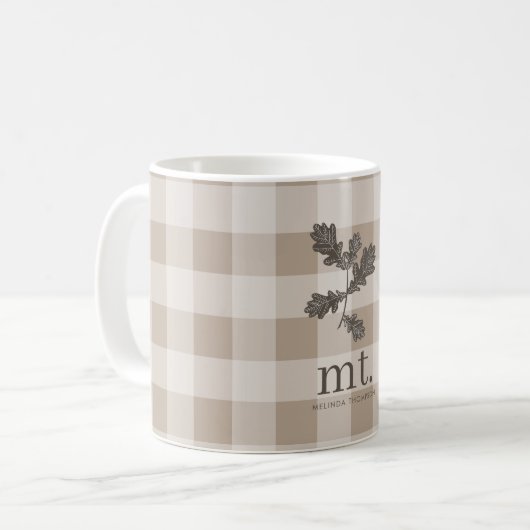 Herfst Herfst Taupe Plaid Modern gebladerte Monogr Koffiemok (Voorkant links)