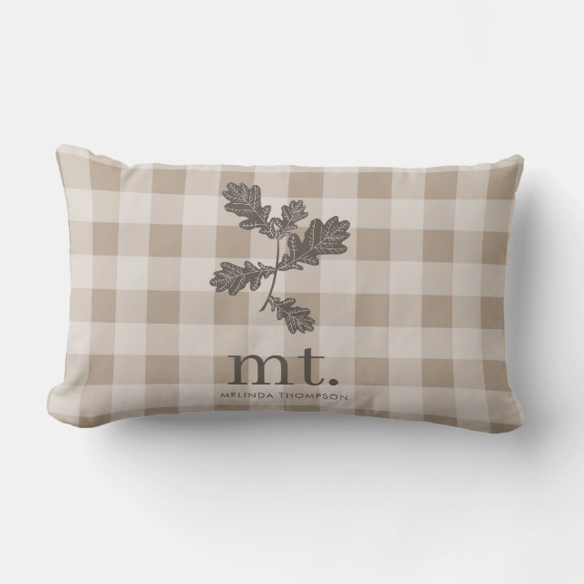 Herfst Herfst Taupe Plaid Modern gebladerte Monogr Kussen (Voorkant)