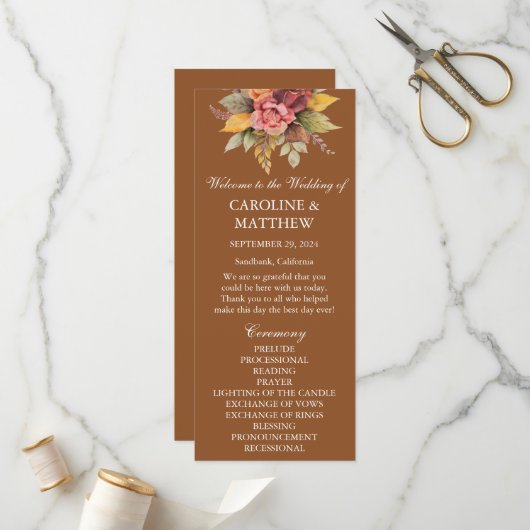 Herfst Herfst Terracotta Bloemen Waterverf Bruilof Programmakaart (Voorkant / Achterkant in situ)