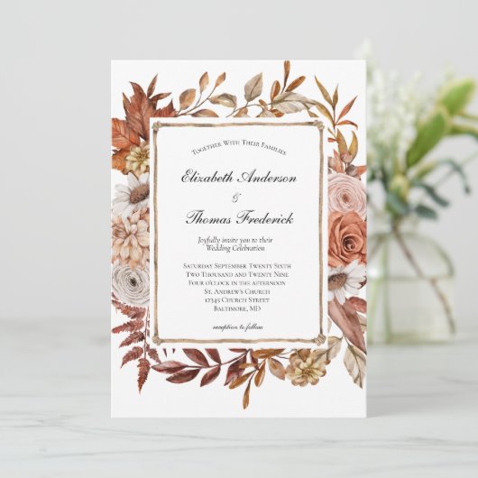 Herfst herfst Terracotta Boho Floral Modern Weddin Kaart (Staand voorkant)