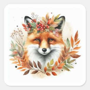 Herfst Herfst thema Schattige Fox Flower Verjaarda Vierkante Sticker