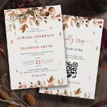 Herfst herfst verlaat roestend land boho bruiloft  kaart<br><div class="desc">Uitnodiging met de QR-code rsvp op de achterzijde met bruine,  rode,  oranje,  groene eucalyptusbladeren. Neem contact met mij op voor hulp bij aanpassingen of als u een ander product nodig hebt met dit ontwerp.</div>