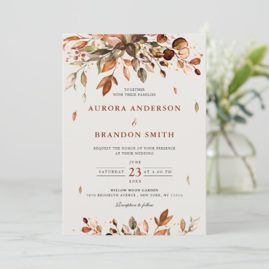 Herfst herfst verlaat roestend land boho bruiloft kaart (Staand voorkant)