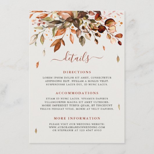 Herfst herfst verlaat roestend land huwelijksgegev informatiekaartje (Voorkant)