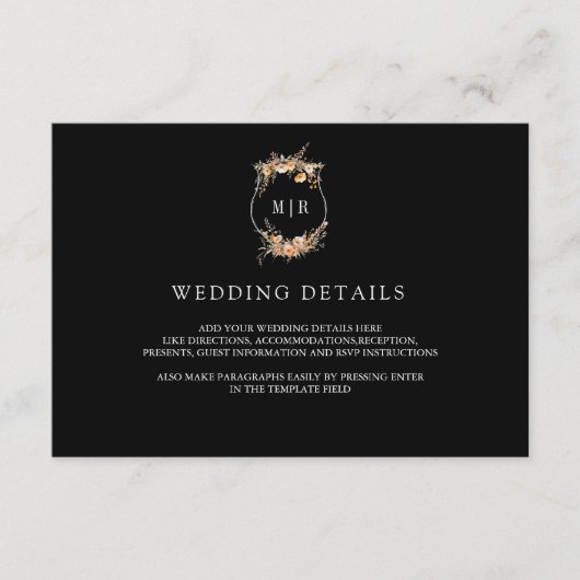 Herfst Herfst Wildflower Crest Black Wedding Detai Informatiekaartje (Voorkant)