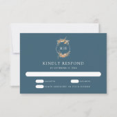 Herfst Herfst Wildflower Crest Dusty Blue Wedding RSVP Kaartje (Voorkant)