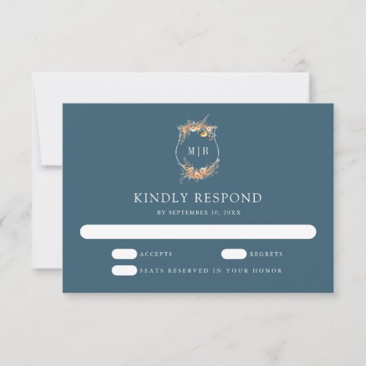 Herfst Herfst Wildflower Crest Dusty Blue Wedding RSVP Kaartje (Voorkant)