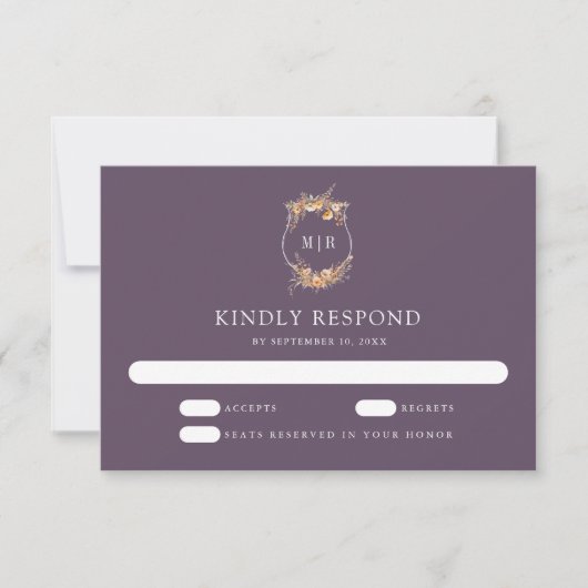 Herfst Herfst Wildflower Crest Dusty Paarse bruilo RSVP Kaartje (Voorkant)