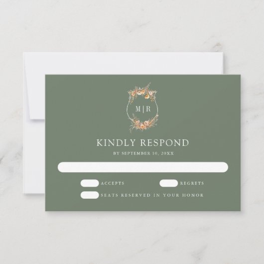 Herfst Herfst Wildflower Crest Sage Green Wedding RSVP Kaartje (Voorkant)