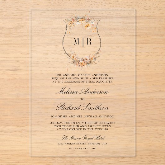 Herfst Herfst Wildflower Crest Wedding Acryl Uitnodigingen (Voorkant)