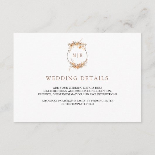 Herfst Herfst Wildflower Crest Wedding Details Informatiekaartje (Voorkant)