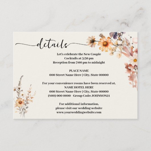 Herfst Herfst Wildflowers Wedding Details Behuizin Informatiekaartje (Voorkant)