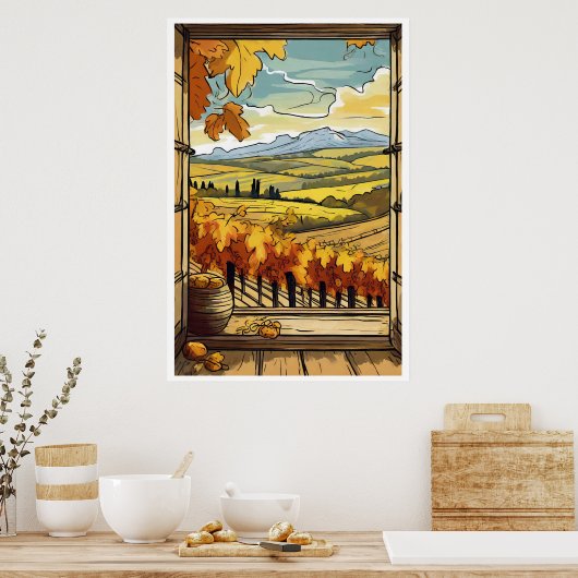 Herfst / Herfst Window Uitzicht van Vineyard Poste Poster (Keuken)