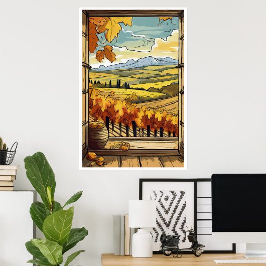 Herfst / Herfst Window Uitzicht van Vineyard Poste Poster (Thuiskantoor)