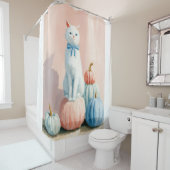 Herfst Herfst Witte Kat met Pompoenen Douchegordijn (In situ)