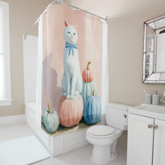 Herfst Herfst Witte Kat met Pompoenen Douchegordijn (In situ)