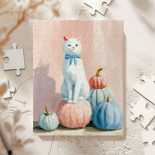 Herfst Herfst Witte Kat met Pompoenen Legpuzzel