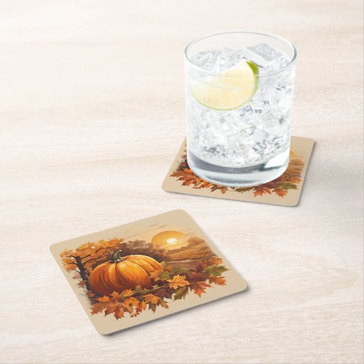 Herfst Herfst Zonsondergang Scene met Pompoen Kartonnen Onderzetters (Insitu)