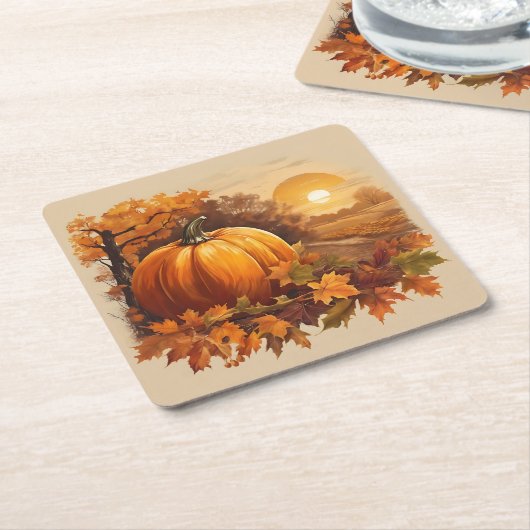 Herfst Herfst Zonsondergang Scene met Pompoen Kartonnen Onderzetters (Schuin)