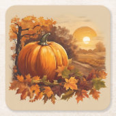 Herfst Herfst Zonsondergang Scene met Pompoen Kartonnen Onderzetters (Voorkant)