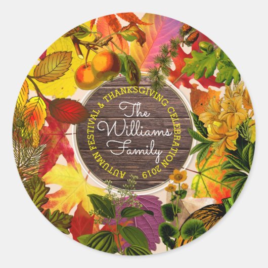 Herfst herfstbladeren collage monogram  hout ronde sticker (Voorkant)