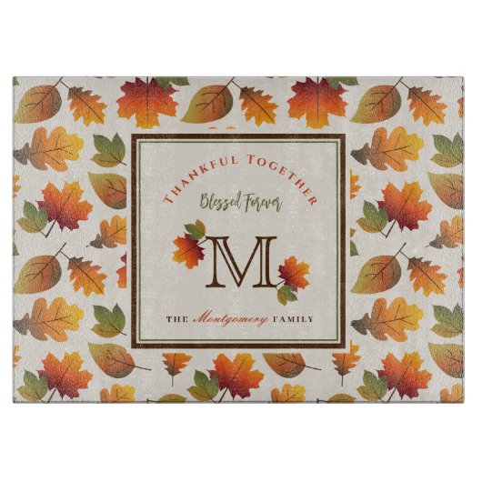 Herfst/Herfstbladeren Familie Monogram Thanksgivin Snijplank (Voorkant)
