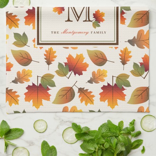 Herfst/Herfstbladeren Familie Monogram Thanksgivin Theedoek (Gevouwen)