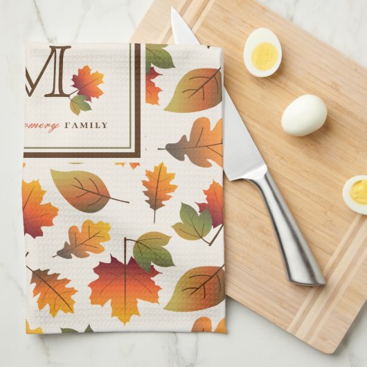 Herfst/Herfstbladeren Familie Monogram Thanksgivin Theedoek (Quarter Fold)