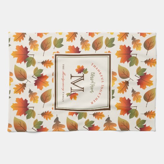Herfst/Herfstbladeren Familie Monogram Thanksgivin Theedoek (Horizontaal)