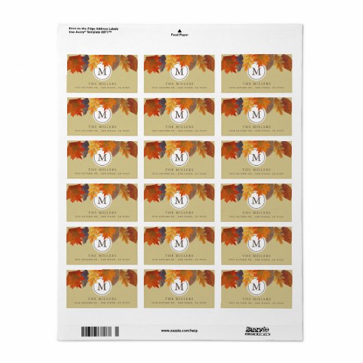 Herfst herfstbladeren kaki monogram adres etiket (Full Sheet)