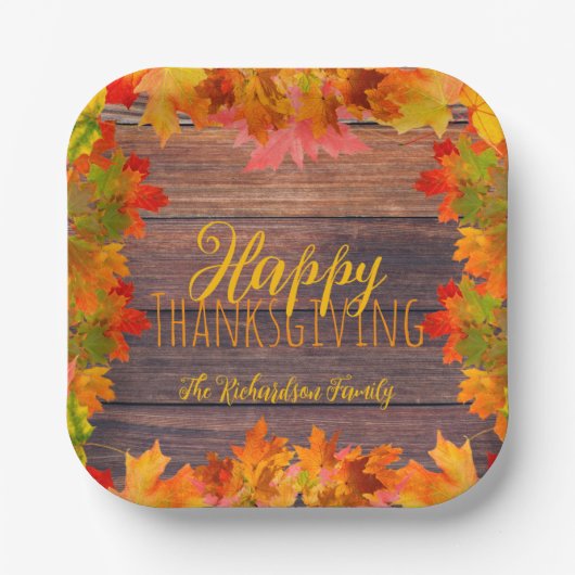 Herfst herfstbladeren op schuur hout Happy Thanksg Papieren Bordje (Voorkant)