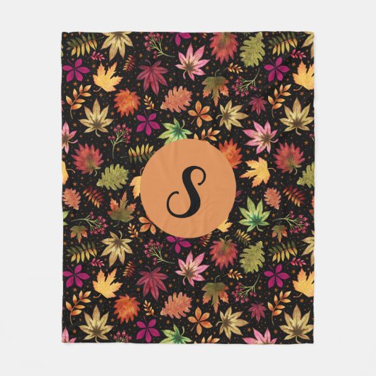 Herfst Herfstbladeren Patroon op zwart met Monogra Fleece Deken (Voorkant)