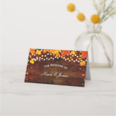 Herfst Herfstbladeren & String Lights Houten Tafel Plaatskaartje (Voorkant)