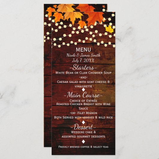 Herfst Herfstbladeren & String Lights Trouwmenu Menu (Voorkant / Achterkant)