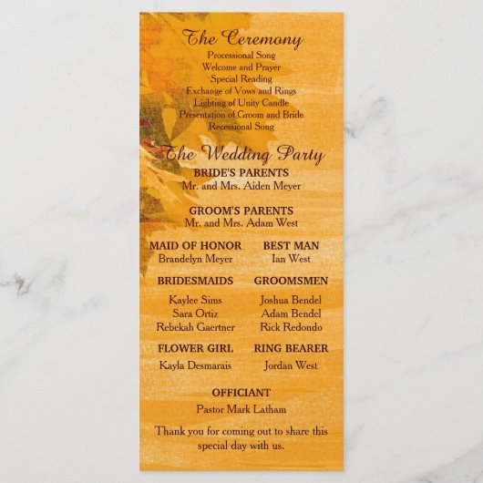 Herfst herfstbladeren trouwprogramma programmakaart (Achterkant)