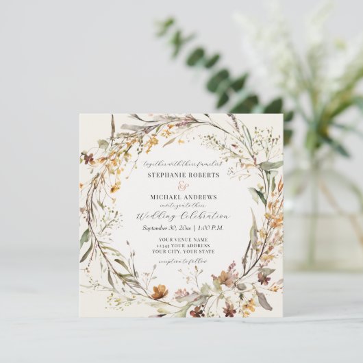 Herfst herfstbloemen wilde bloemen ivoor bruiloft kaart (Staand voorkant)