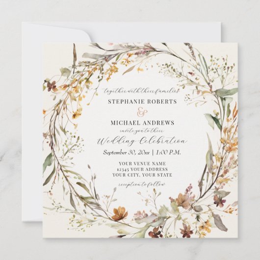 Herfst herfstbloemen wilde bloemen ivoor bruiloft kaart (Voorkant)
