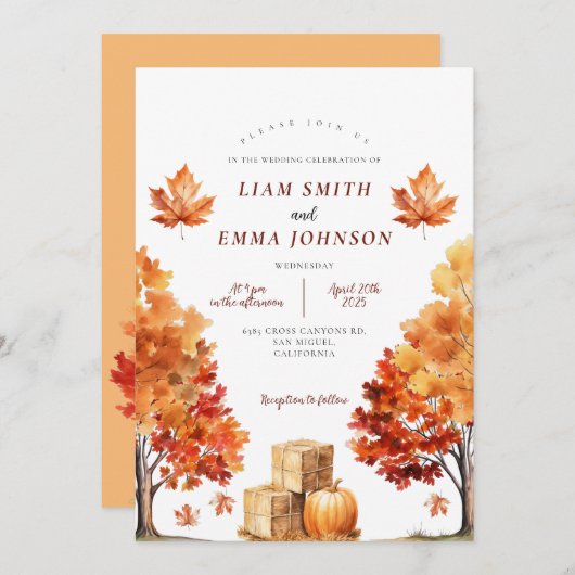 Herfst herfstboom en verlaat bruiloft uitnodiging (Voorkant / Achterkant)