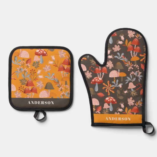 Herfst herfstpaddenstoel & botanisch patroon ovenwant & pannenlap set (Voorkant)